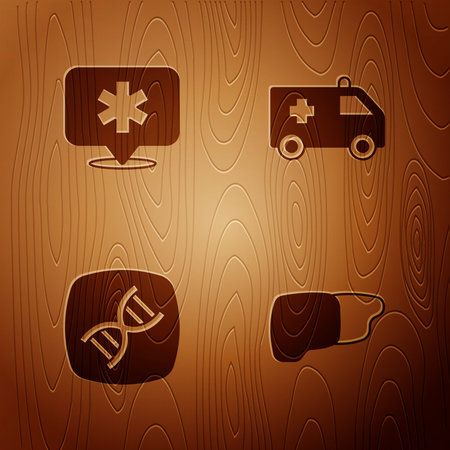 Set Human organ liver, Location hospital, DNA symbol and Ambulance car on wooden background. Vectorのイラスト素材