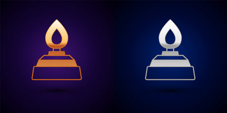 Gold and silver Alcohol or spirit burner icon isolated on black background. Chemical equipment. Vectorのイラスト素材