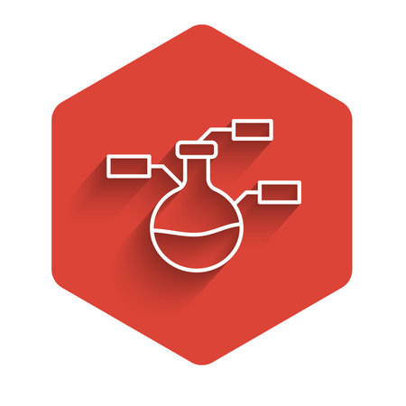 White line Test tube and flask chemical laboratory test icon isolated with long shadow. Laboratory glassware sign. Red hexagon button. Vectorのイラスト素材