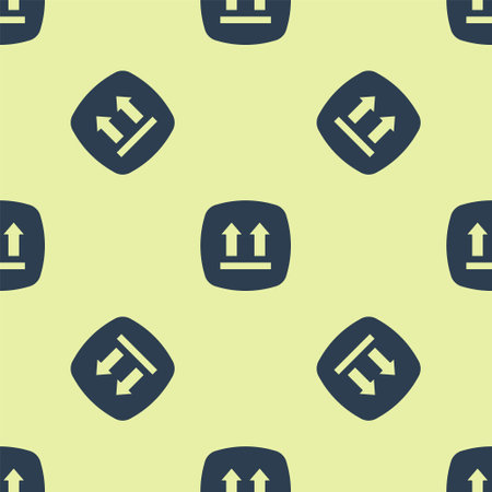 Blue This side up icon isolated seamless pattern on yellow background. Two arrows indicating top side of packaging. Cargo handled. Vectorのイラスト素材