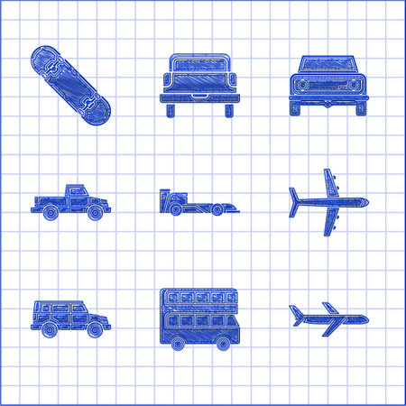 Set Formula race car, Double decker bus, Plane, Off road, Pickup truck, and Skateboard icon. Vectorのイラスト素材
