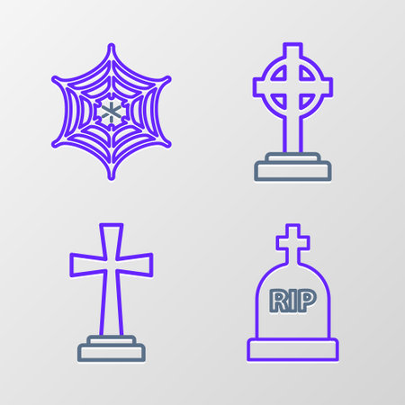 Set line Tombstone with RIP, cross, and Spider web icon. Vectorのイラスト素材