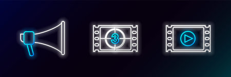 Set line Play Video, Megaphone and icon. Glowing neon. Vectorのイラスト素材