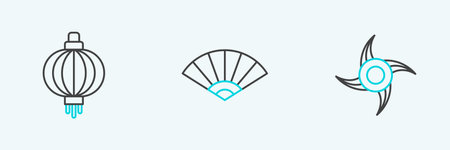 Set line Japanese ninja shuriken, paper lantern and Paper chinese or japanese folding fan icon. Vectorのイラスト素材