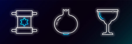 Set line Jewish goblet, Torah scroll and Pomegranate icon. Glowing neon. Vectorのイラスト素材
