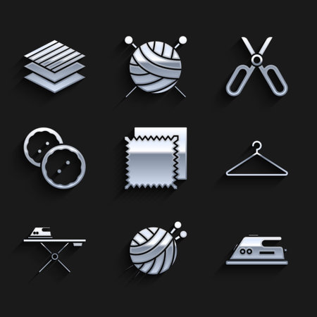 Set Textile fabric roll, Yarn ball with knitting needles, Electric iron, Hanger wardrobe, and ironing board, Sewing button for clothes, Scissors and icon. Vectorのイラスト素材
