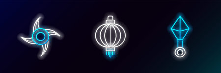 Set line Japanese ninja shuriken, and paper lantern icon. Glowing neon. Vectorのイラスト素材