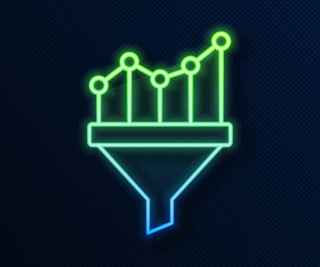 Glowing neon line Sales funnel with chart for marketing and startup business icon isolated on blue background. Infographic template. Vectorのイラスト素材
