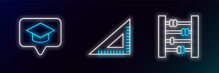 Set line Abacus, Graduation cap in speech bubble and Triangular ruler icon. Glowing neon. Vectorのイラスト素材