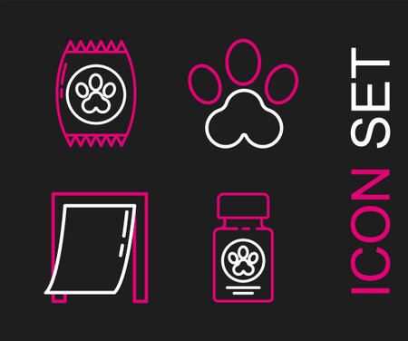 Set line Dog medicine bottle and pills, Door for pet, Paw print and Bag of food icon. Vectorのイラスト素材