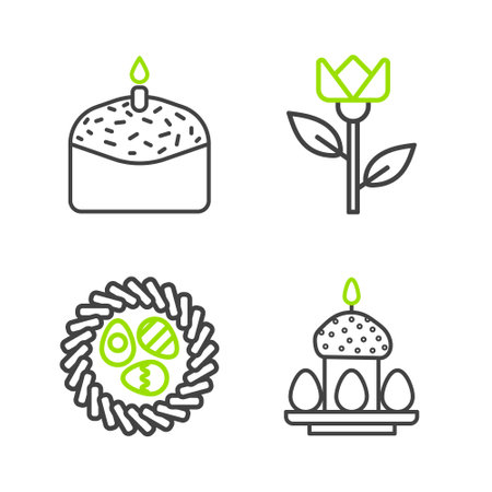 Set line Easter cake and eggs, in wicker nest, Flower tulip and candle icon. Vectorのイラスト素材