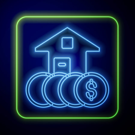 Glowing neon House with dollar symbol icon isolated on blue background. Home and money. Real estate concept. Vectorのイラスト素材