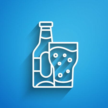 White line Beer bottle and glass icon isolated on blue background. Alcohol Drink symbol. Long shadow. Vectorのイラスト素材