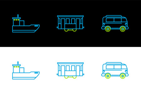 Set line Retro minivan, Cargo ship and Old city tram icon. Vectorのイラスト素材