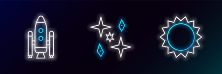 Set line Sun, Space shuttle and rockets and Planet icon. Glowing neon. Vectorのイラスト素材