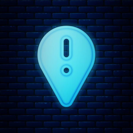 Glowing neon Map pointer with exclamation mark icon isolated on brick wall background. Hazard warning sign, careful, attention, danger warning important sign. Vectorのイラスト素材