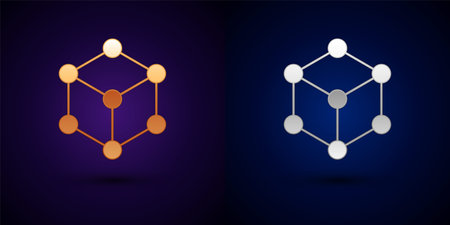 Gold and silver Molecule icon isolated on black background. Structure of molecules in chemistry, science teachers innovative educational poster. Vectorのイラスト素材