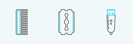 Set line Electrical hair clipper or shaver, Hairbrush and Blade razor icon. Vectorのイラスト素材