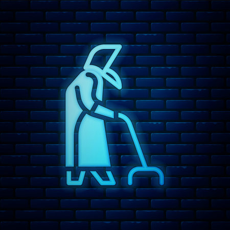 Glowing neon Grandmother icon isolated on brick wall background. Vectorのイラスト素材