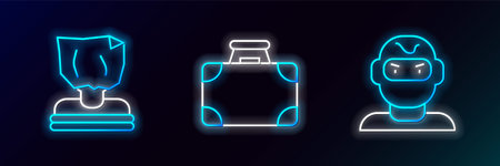 Set line Thief mask, Kidnaping and Briefcase and money icon. Glowing neon. Vectorのイラスト素材
