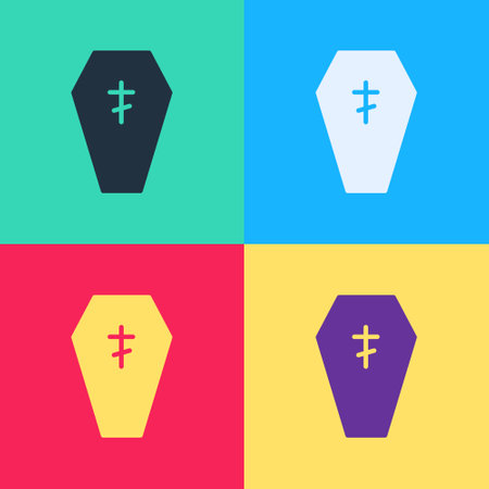 Pop art Coffin with christian cross icon isolated on color background. Happy Halloween party. Vectorのイラスト素材