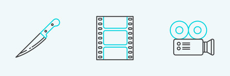 Set line Cinema camera, Knife and Play Video icon. Vectorのイラスト素材