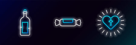 Set line Christian cross and heart, Bottle of wine and Candy icon. Glowing neon. Vectorのイラスト素材