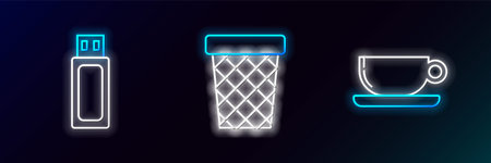 Set line Coffee cup flat, USB flash drive and Trash can icon. Glowing neon. Vectorのイラスト素材