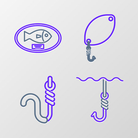 Set line Fishing hook under water, and worm, spoon and trophy hanging the board icon. Vectorのイラスト素材