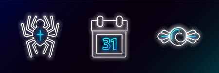 Set line Candy, Spider and Calendar with Halloween date 31 october icon. Glowing neon. Vectorのイラスト素材