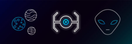 Set line Alien, Planet and Cosmic ship icon. Glowing neon. Vectorのイラスト素材