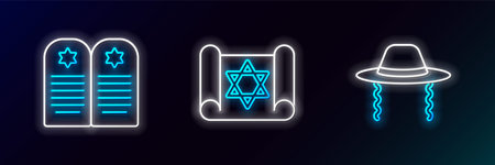 Set line Orthodox jewish hat, Tombstone with star of david and Torah scroll icon. Glowing neon. Vectorのイラスト素材