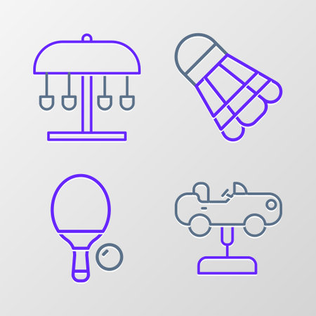 Set line Swing car, Racket and ball, Badminton shuttlecock and Attraction carousel icon. Vectorのイラスト素材