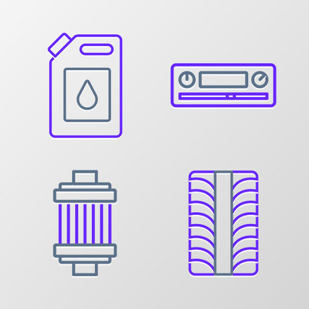 Set line Car tire wheel, air filter, Audio and Canister for motor oil icon. Vectorのイラスト素材