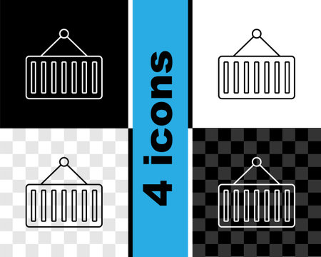 Set line Container on crane icon isolated on black and white, transparent background. Crane lifts a container with cargo. Vectorのイラスト素材