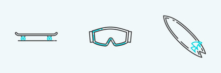 Set line Surfboard, Skateboard and Ski goggles icon. Vectorのイラスト素材