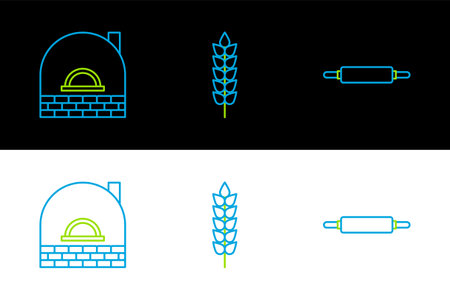 Set line Rolling pin, Brick stove and Cereals with rice, wheat, corn, oats, rye icon. Vectorのイラスト素材