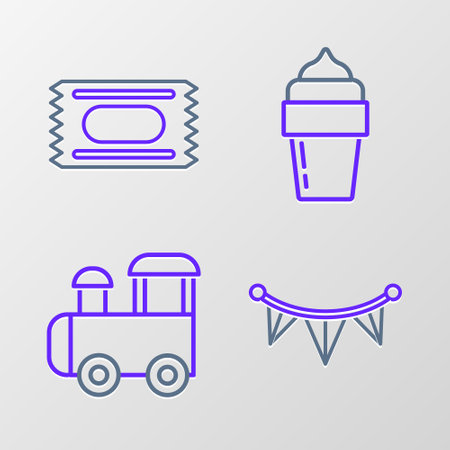 Set line Carnival garland with flags, Toy train, Ice cream and Circus ticket icon. Vectorのイラスト素材