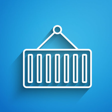 White line Container on crane icon isolated on blue background. Crane lifts a container with cargo. Long shadow. Vectorのイラスト素材