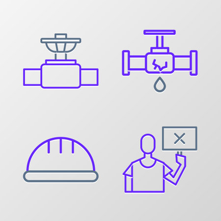 Set line Nature saving protest, Worker safety helmet, Broken pipe with leaking water and Industry and valve icon. Vectorのイラスト素材