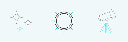 Set line Telescope, Falling star and Sun icon. Vector