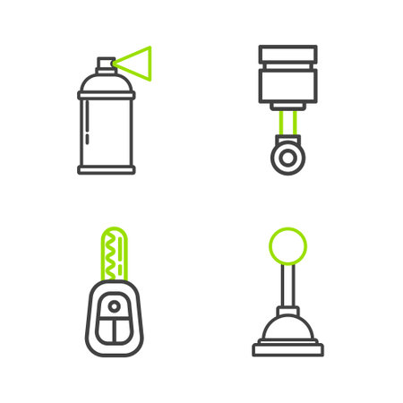 Set line Gear shifter, Car key with remote, Engine piston and Paint spray can icon. Vectorのイラスト素材