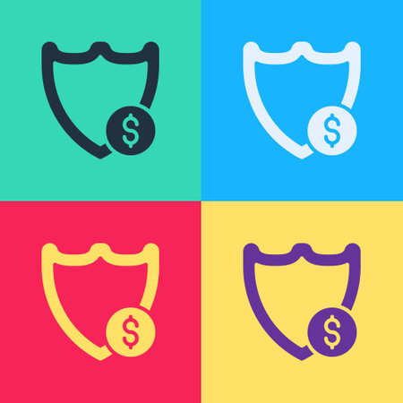 Pop art Shield with dollar symbol icon isolated on color background. Security shield protection. Money security concept. Vectorのイラスト素材