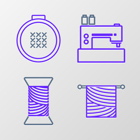 Set line Knitting, Sewing thread on spool, machine and Round adjustable embroidery hoop icon. Vectorのイラスト素材