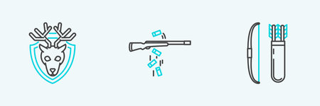 Set line Bow and arrow in quiver, Deer head with antlers on shield and Gun shooting icon. Vectorのイラスト素材