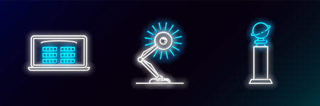 Set line Trophy Golden Globe, Buy cinema ticket online and Table lamp icon. Glowing neon. Vectorのイラスト素材