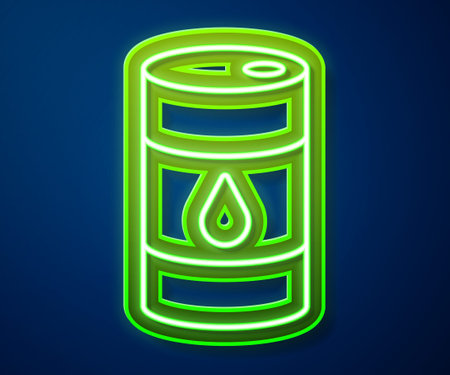 Glowing neon line Barrel oil icon isolated on blue background. Vectorのイラスト素材