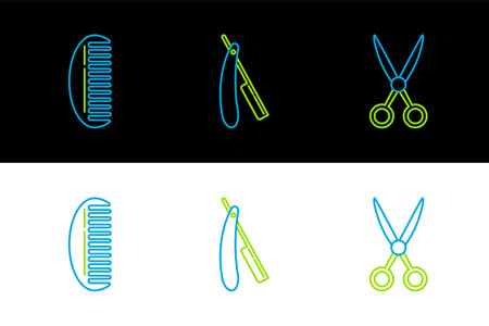 Set line Scissors hairdresser, Hairbrush and Straight razor icon. Vectorのイラスト素材