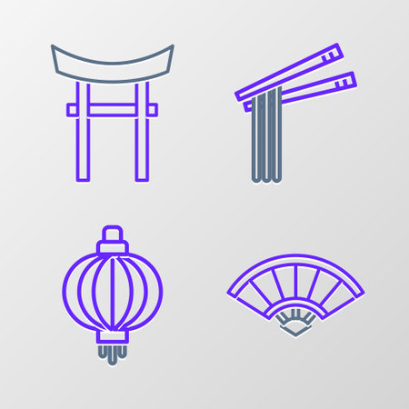 Set line Paper chinese or japanese folding fan, Japanese paper lantern, Asian noodles and chopsticks and Gate icon. Vectorのイラスト素材