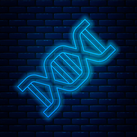 Glowing neon line DNA symbol icon isolated on brick wall background. Vectorのイラスト素材